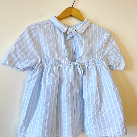 Zara Chambray Striped Short Sleeve Blouse with Tie Back_Size Small - Picture 7 of 7